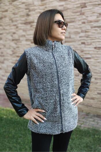 Azıcık Akıllı Women's Gray Melange Stand Collar Thick Plush Zippered Vest 24Kylkk215