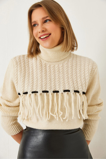 Bianco Lucci Women's Turtleneck Tasseled Knitwear Sweater 20246931