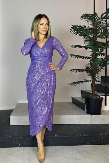 gesmoda G0768 Double Breasted Collar Sequin Design Dress Lilac