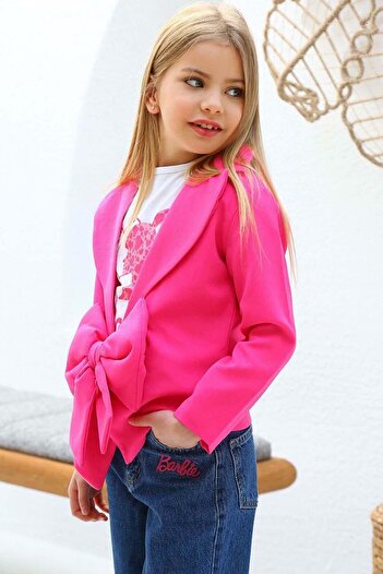 Riccotarz Girls' Digital and Text Printed T-Shirt Front Bow Blazer Jacket Pink Bottom Top Set