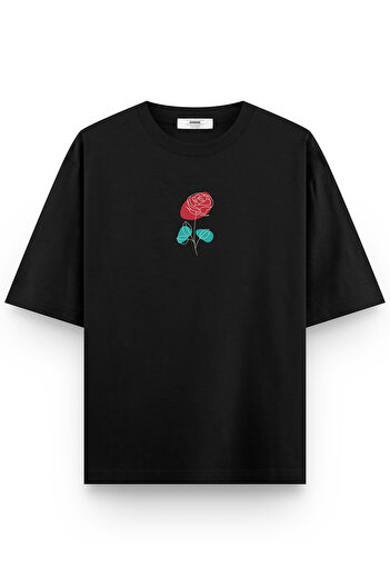 Overoz Μαύρο μπλουζάκι Unisex Oversize Minimal Rose Printed Oversize 1336