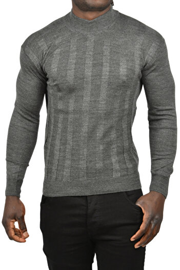 DeepSEA Men's Anthracite Thick Striped Knitted Patterned Half Turtleneck Turtleneck Knitwear Sweater 2505513