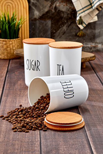 MODA OZY 3-Piece Acrylic Tea/Coffee/Candy Jar with Wooden Lid Transfer Label 900ml