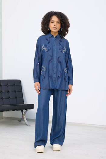 MİA NOURA Women's Denim Fabric Shirt Pants Suit Shirt Sleeves and Front Embroidered