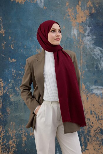 İpekhan Square Pattern Cotton Jacquard Shawl Burgundy 8012-02