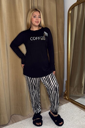 tarzımsüper Women's Plus Size Letter Printed Long Sleeve Black Striped Pajamas Set