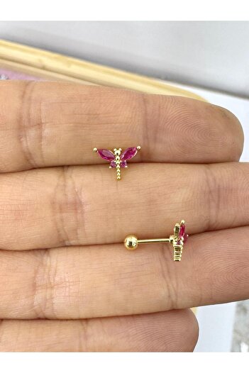 Arescollection 1 adet Bordo zirkon taşlı yusufçuk tragus helix lobe flat uyumlu piercing