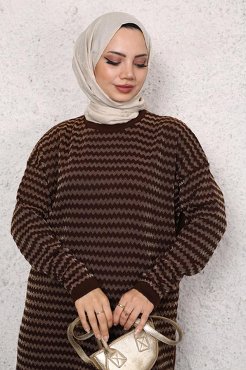 Bold Grup Women's Brown Standard Size Zigzag Striped Silvery Hijab Knitwear Tunic Pants Set