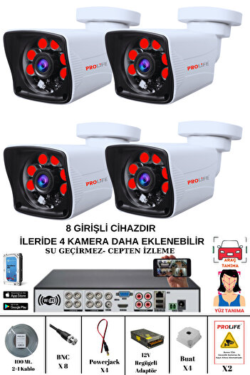 PROLİFE 4lü 5 Mp Fullhd Güvenlik Kamerası 8 Girişli Kayıt Cihazı Yüz Ve Araç Tanıma Özellikli Kamera Sistemi