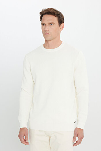 ALTINYILDIZ CLASSICS Men's Ecru 100% Cotton Keep Warm Standard Fit Regular Cut Crew Neck Rice Knit Knitwear Sweater