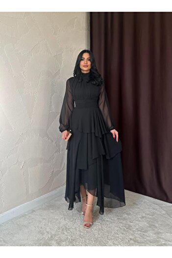 Afiş Butik Černé šifonové vrstvené sukně tylové rukávy plisované šaty