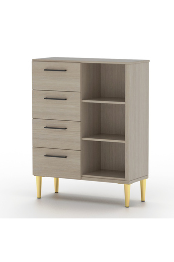 Mahmayi Wooden Chest Drawer with 4 Drawers and 3 Open Storage Shelf Cabinet-Beige Grey Lorenzo Oak