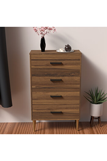 Mahmayi Wooden Chest Drawer with 4 Drawers Cabinet for Living Room-Dark Hunton Oak