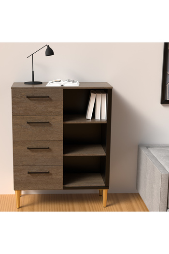 Mahmayi Wooden Chest Drawer with 4 Drawers and 3 Open Shelf Cabinet-Ferro Bronze Board and Black