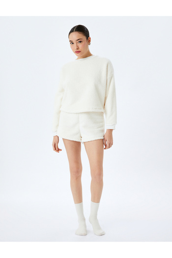 Koton Crew Neck Soft Textured Plush Fleece Pajama Top
