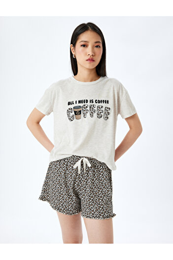 Koton Leopard Print Cotton Blended Short Sleeve Knitted Pajamas Set with Flounces Shorts