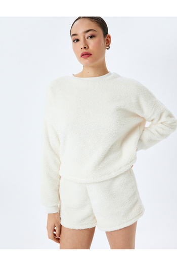 Koton Crew Neck Soft Textured Plush Fleece Pajama Top