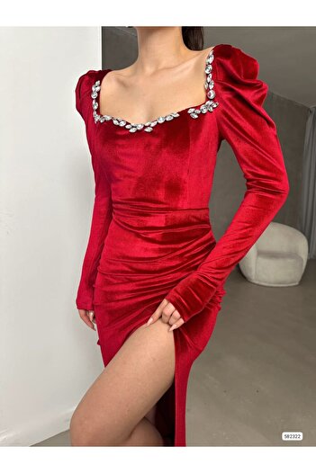 Trendusfashion Women's Evening Dress with Square Neck Velvet Stone Embroidered Long Sleeves Slit