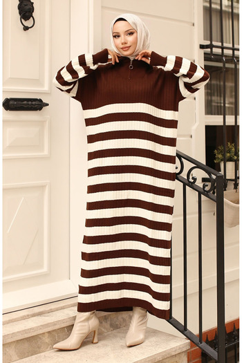 sefamerve Ribbed Brown Striped Knitwear Dress - 11042-03
