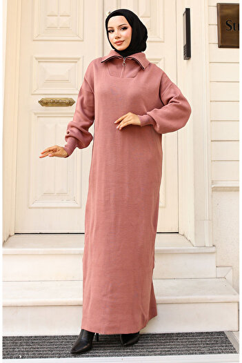 sefamerve Dusty Rose Knitwear Dress - Zip Collar, Model 2441-03