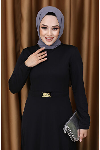 sefamerve Tokalı Elbise 7123-06 Siyah