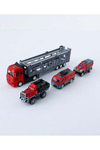 Fab N Funky Alloy Trailer And Three Fire Engines, Lightweight, Intricate Design,  3 Years+, Red - 4 Pieces