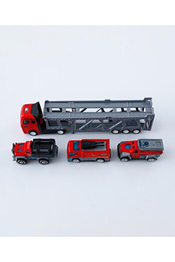 Fab N Funky Alloy Trailer And Three Fire Engines, Lightweight, Intricate Design,  3 Years+, Red - 4 Pieces