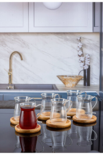 Lizzy 6-Piece Arbitrary Ala Borosilicate Bamboo Plate Glass Handle Striped Tea Cup