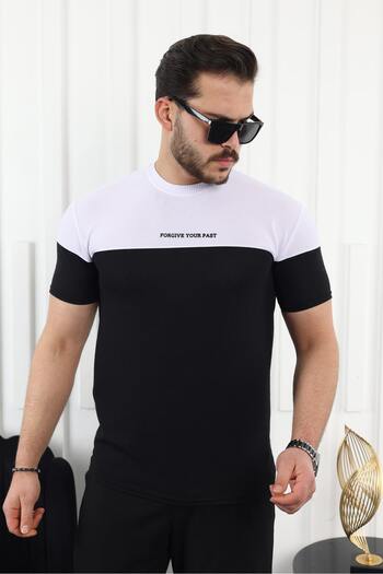 comstar Men's Double Color Text Printed Short Sleeve Black T-Shirt