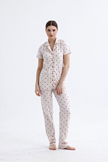 M MOONCOVER Women's 100% Cotton Printed Pajamas Set Short Sleeve Long Bottom Buttoned Summer