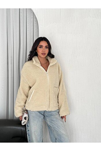 Noa Noa Stripe Detailed Plush Coat