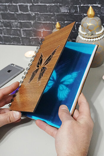 markcat Butterfly Themed Notebook with Wooden Cover - Checked Agenda and School Notebook (A5 - 120 Pages)