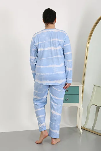 Akbeniz Plus Size Blue Combed Cotton Pajama Set - Long Sleeve 202502