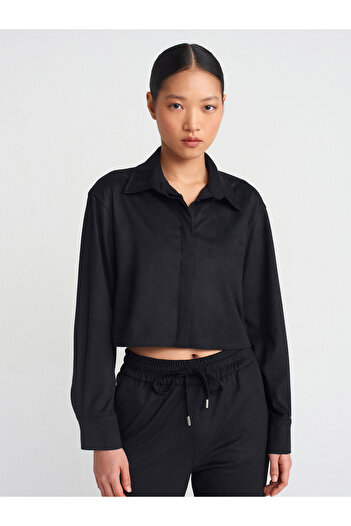 Dilvin 50493 Cămașă crop din piele intoarsa drapată-Negru