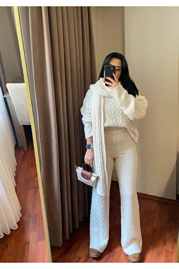 MODA Set de 3 piese pentru femei, cu păr crem, pantaloni împletiti