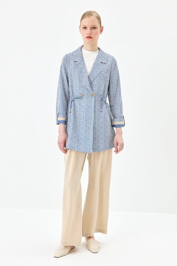 Nihan Drawstring Waist Striped Linen Jacket Indigo