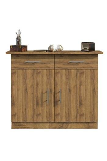 Mahmayi Medium Height Cabinet with 2 Drawers and 2 Door Storage-Cognac Brown Sherman Oak