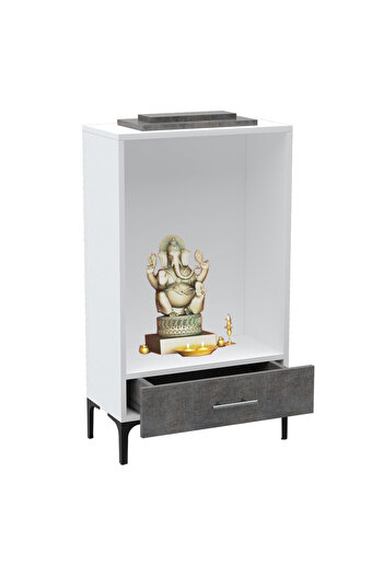 Mahmayi Wooden Mandir, Temple with Single Drawer, Steel Legs-Metal Fabric Anthracite