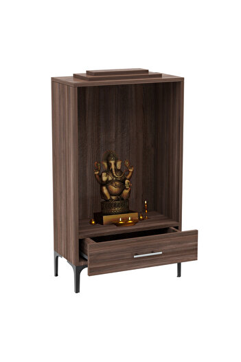Mahmayi Wooden Mandir, Temple with Single Drawer, Steel Legs-Truffle Brown Branson Robinia