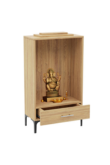 Mahmayi Wooden Mandir, Temple with Single Drawer, Steel Legs-Brown Kansas Oak
