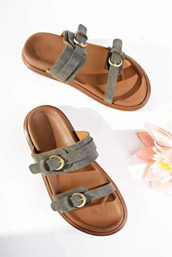 meyra'nın ayakkabıları Women's Green Matte Double Banded Comfortable Orthopedic Sole Slippers