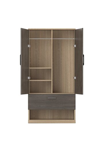 Mahmayi Wooden Wardrobe With 2 Door Rack Rod And Compartments-Dark Grey Chicago Concrete/Grey Bardolino Oak