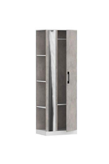 Mahmayi Modern Wardrobe With Side Mirror And Side Shelf, Cabinet With Hangers - Light Grey Chicago Concrete