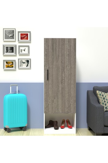 Mahmayi Modern Wardrobe With Floor Storage Cabinet With Hangers - Grey Brown Whiteriver Oak/Premium White