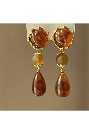 Pelin Aksesuar Brown Beaded Long Design Earrings