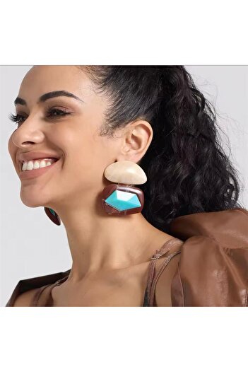 Pelin Aksesuar Turquoise Cream Brown Extra Large Earrings
