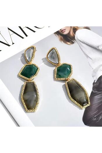 Pelin Aksesuar Green Coffee Stone Long Earrings