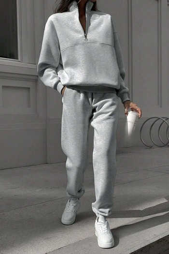 Know Women's 3 Thread Gray Zipper Detail Stand Collar Bottom Top Tracksuit Set