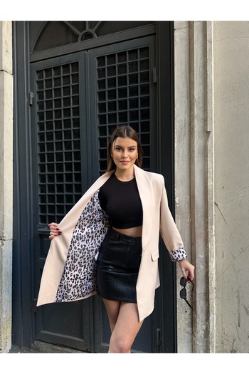 VESS MODA Γυναικείο μακρύ σακάκι με λεοπάρ φόδρα νέας σεζόν