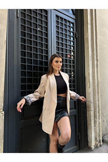VESS MODA Γυναικείο μακρύ σακάκι με λεοπάρ φόδρα νέας σεζόν